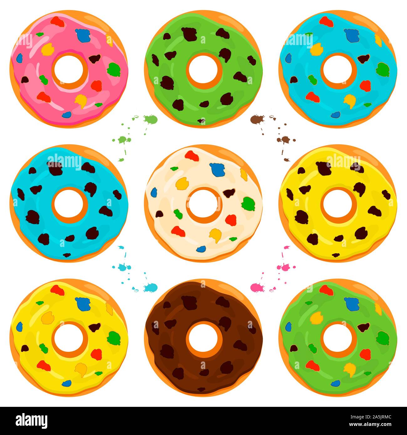 Illustrazione sul tema grande impostare diversi tipi di ciambelle appiccicosa, ciambelle dolci di varie dimensioni. Ciambella disegno costituito da collezione ciambelle organico fr Illustrazione Vettoriale