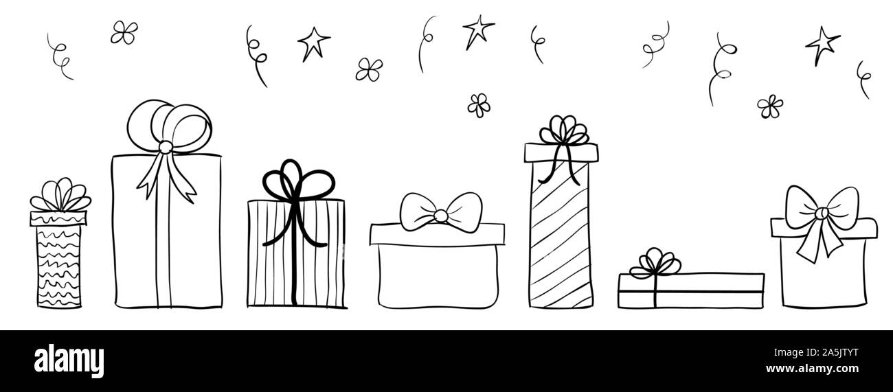 Disegnato a mano le scatole regalo lungo banner. Vector seamless pattern con doodle doni e coriandoli. Per Natale o per gli auguri di Buon compleanno Illustrazione Vettoriale
