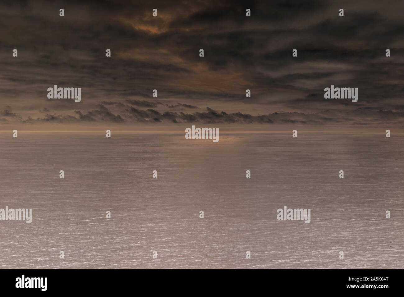 Immagine invertita di buio e moody nuvole sopra una calma superficie dell'oceano al tramonto Foto Stock