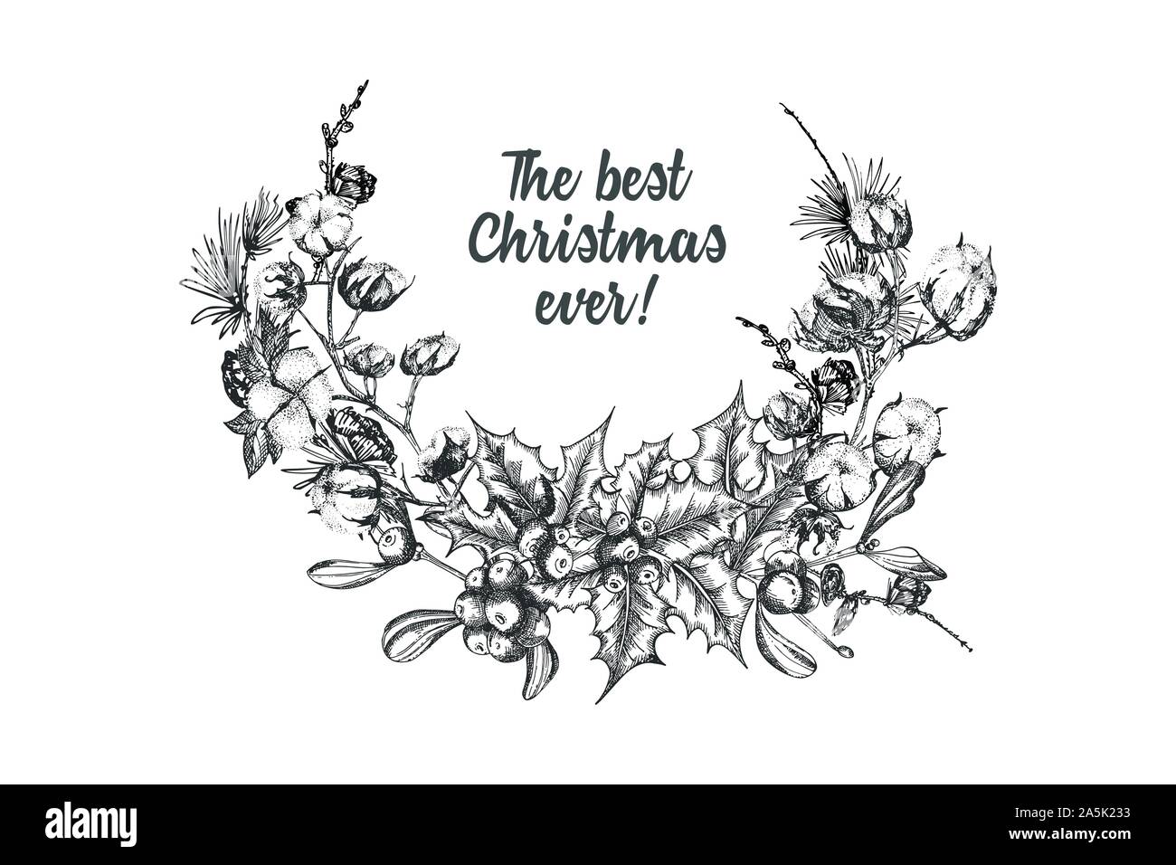 Disegnato a mano disegno botanico ghirlanda di Natale con rami delle piante. In stile vintage. Vacanza tradizionale decor. Per la progettazione della scheda festosa, invito Illustrazione Vettoriale