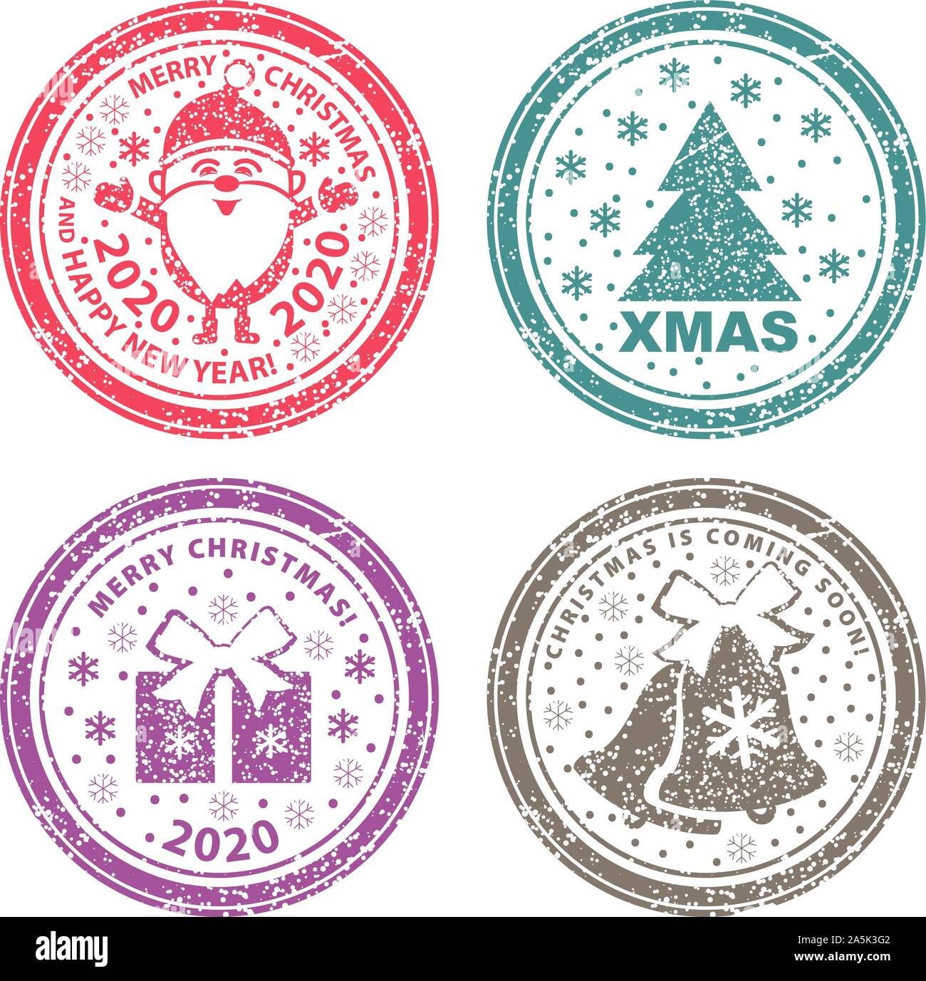 Serie di francobolli del vettore. Babbo Natale a lunghezza piena, albero di Natale, regali e campane nella neve Illustrazione Vettoriale