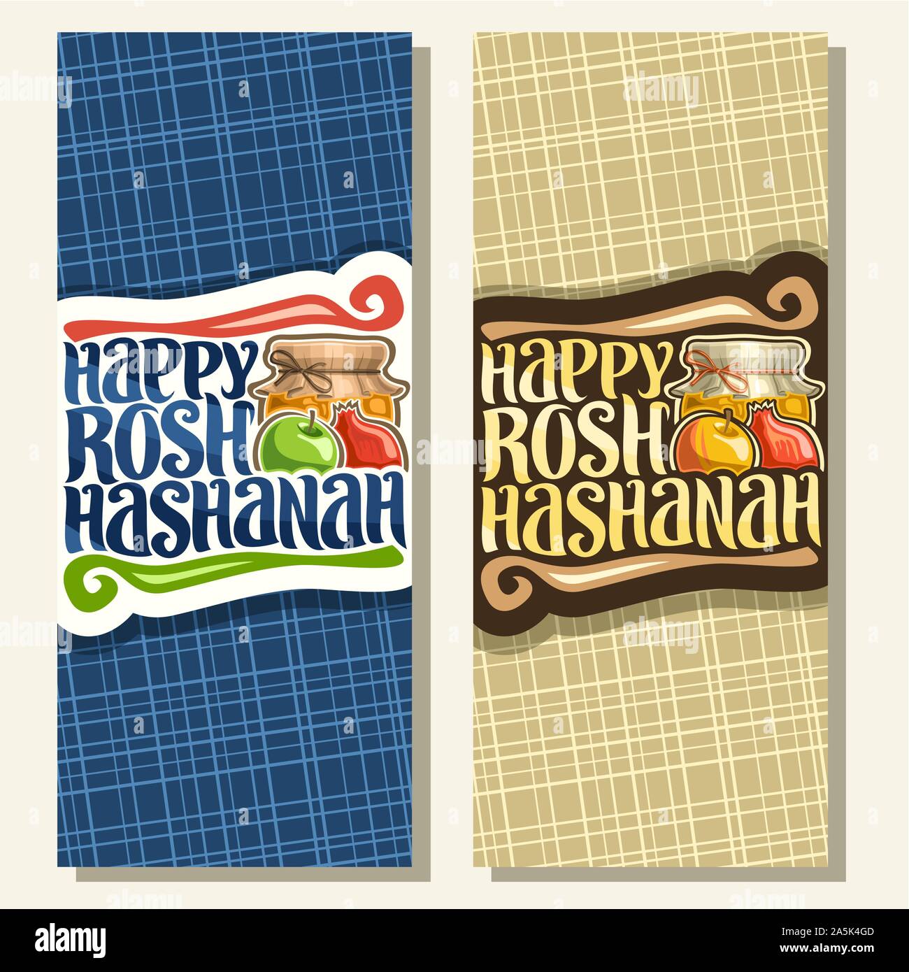 Vettore banner verticale per la festa ebraica di Rosh Hashanah, sul layout festosa cibo sano - autunno miele, il giallo e il verde mela, dolce melograno, o Illustrazione Vettoriale