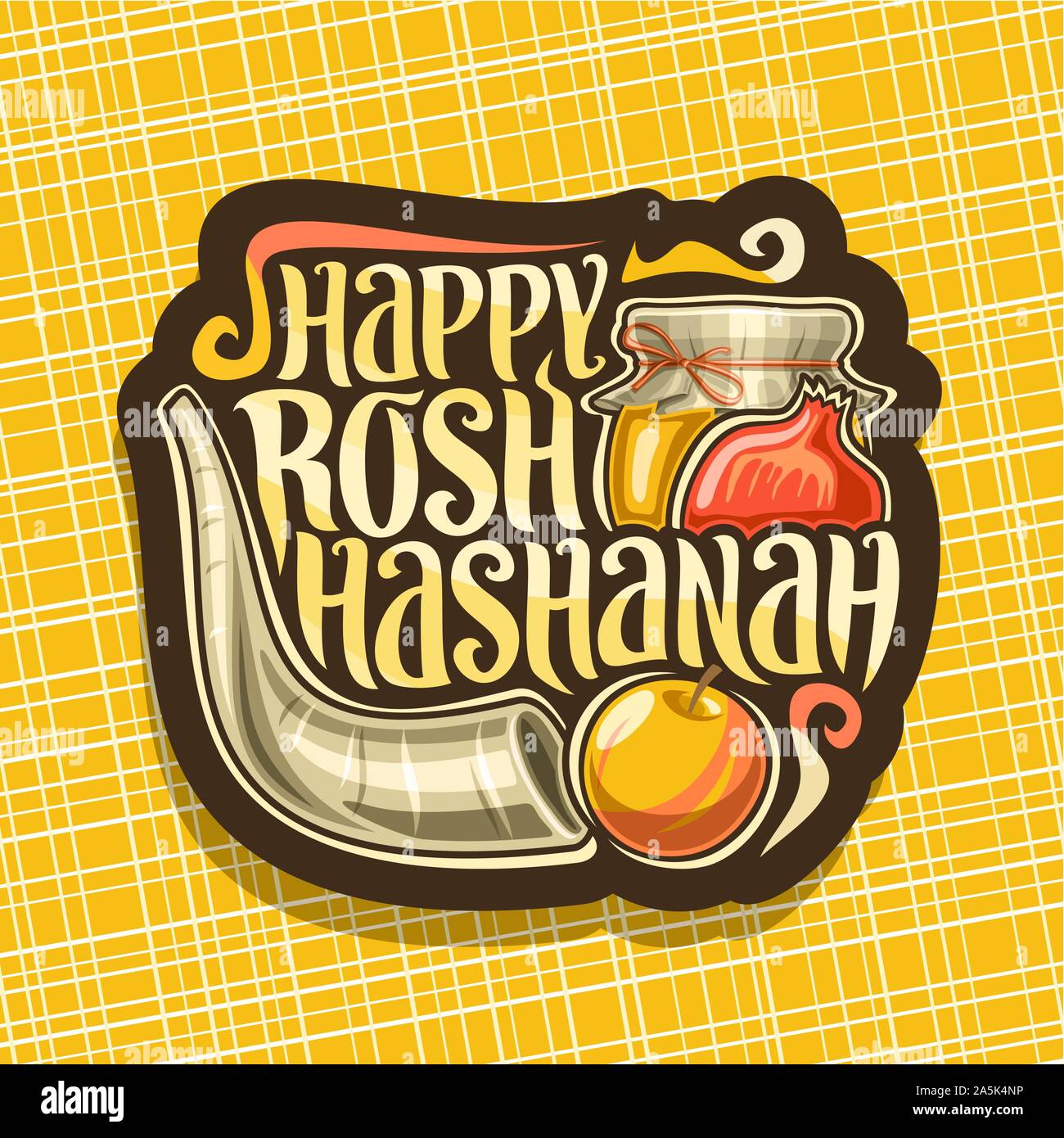 Il logo del vettore per la festa ebraica di Rosh Hashanah, cartello marrone con corno rituale, festosa cibo sano - autunno miele, mela gialla e dolce melograno, o Illustrazione Vettoriale