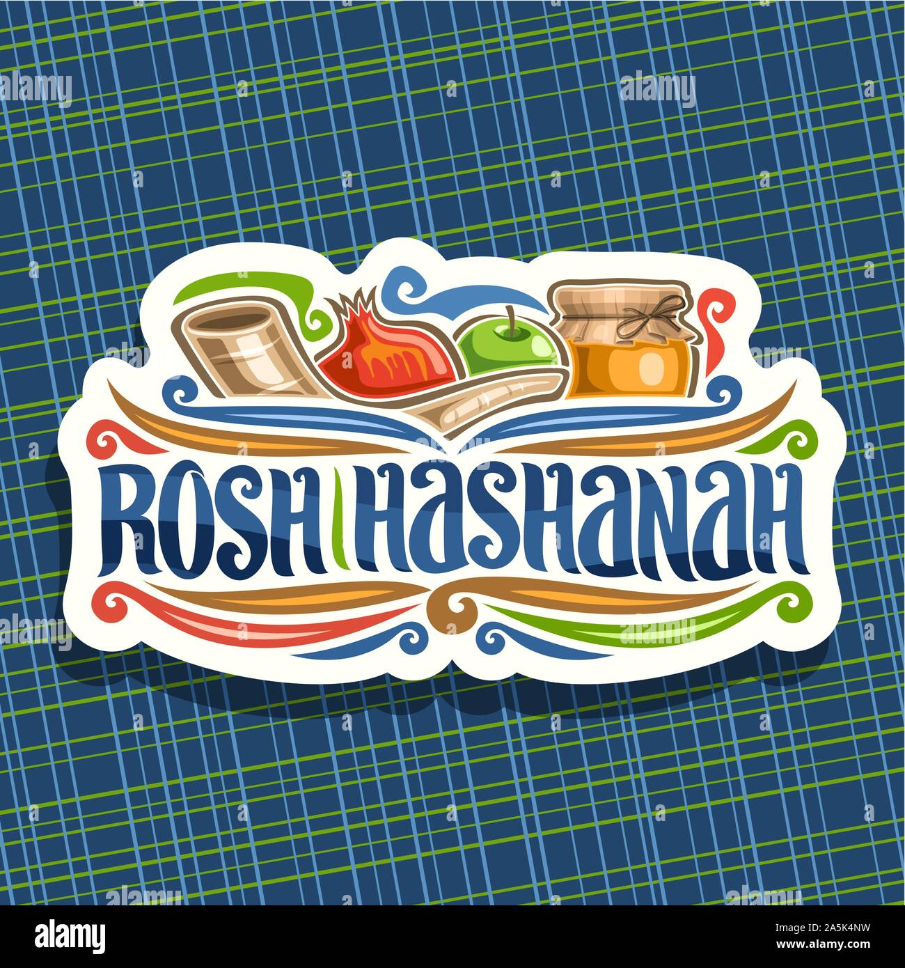 Il logo del vettore per la festa ebraica di Rosh Hashanah, il taglio della carta sign con rituale shofar, cibo kosher cibo sano - autunno miele, mela verde e dolce melograno Illustrazione Vettoriale