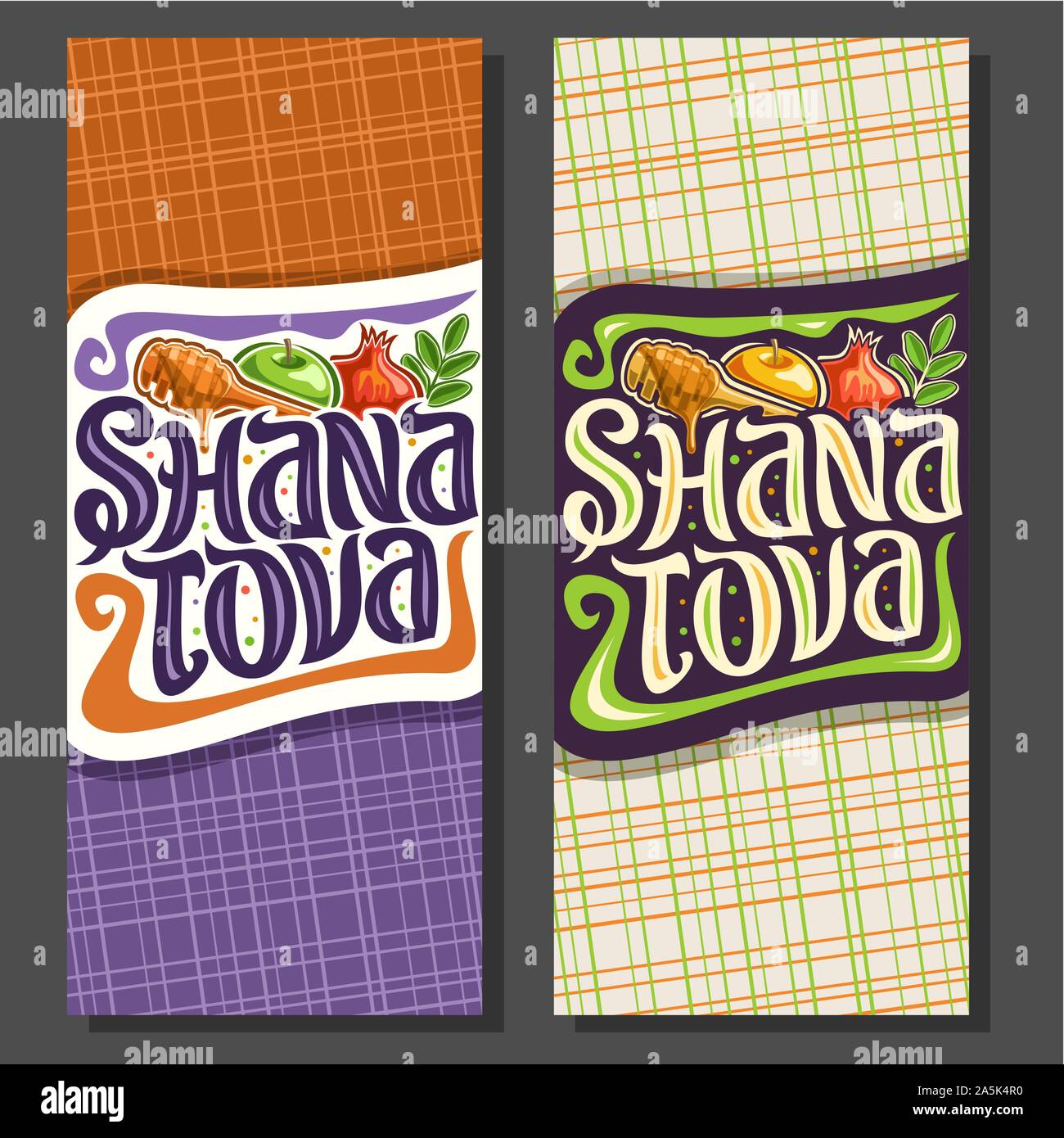 Vettore banner verticale per la festa ebraica di Rosh Hashanah, autunno miele che fluisce dal bastone di legno, cibo tradizionale - dolce e apple pomegrana sani Illustrazione Vettoriale