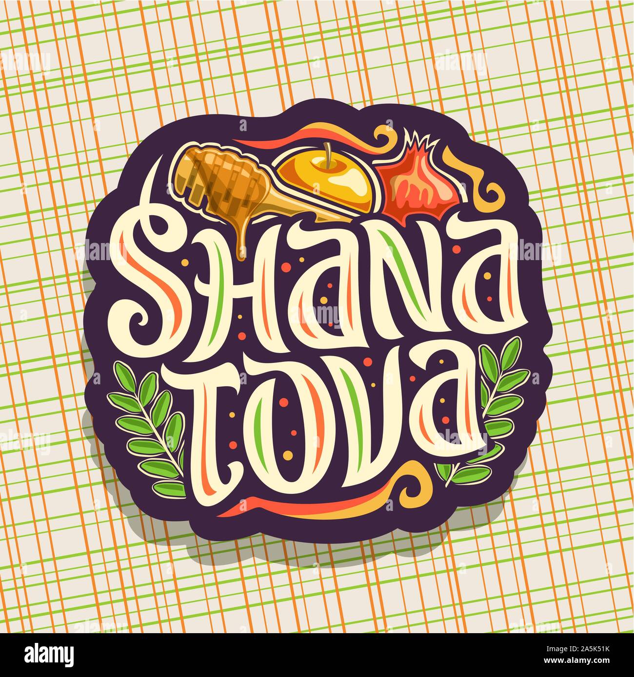 Il logo del vettore per la festa ebraica di Rosh Hashanah, cartello blu con miele di autunno che scorre dal bastone di legno, cibo sano - giallo apple e dolce melograno Illustrazione Vettoriale