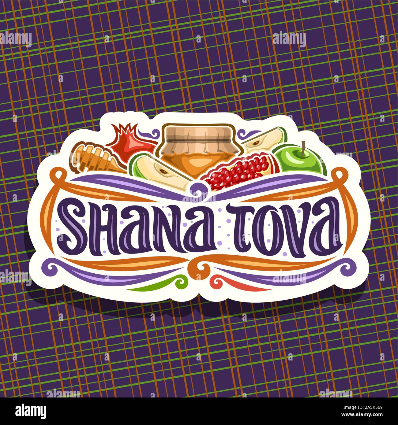 Il logo del vettore per la festa ebraica di Rosh Hashanah, il taglio della carta sign con miele di autunno in pentola, bastone di legno, cibo kosher - verde mela e melograno sano Illustrazione Vettoriale