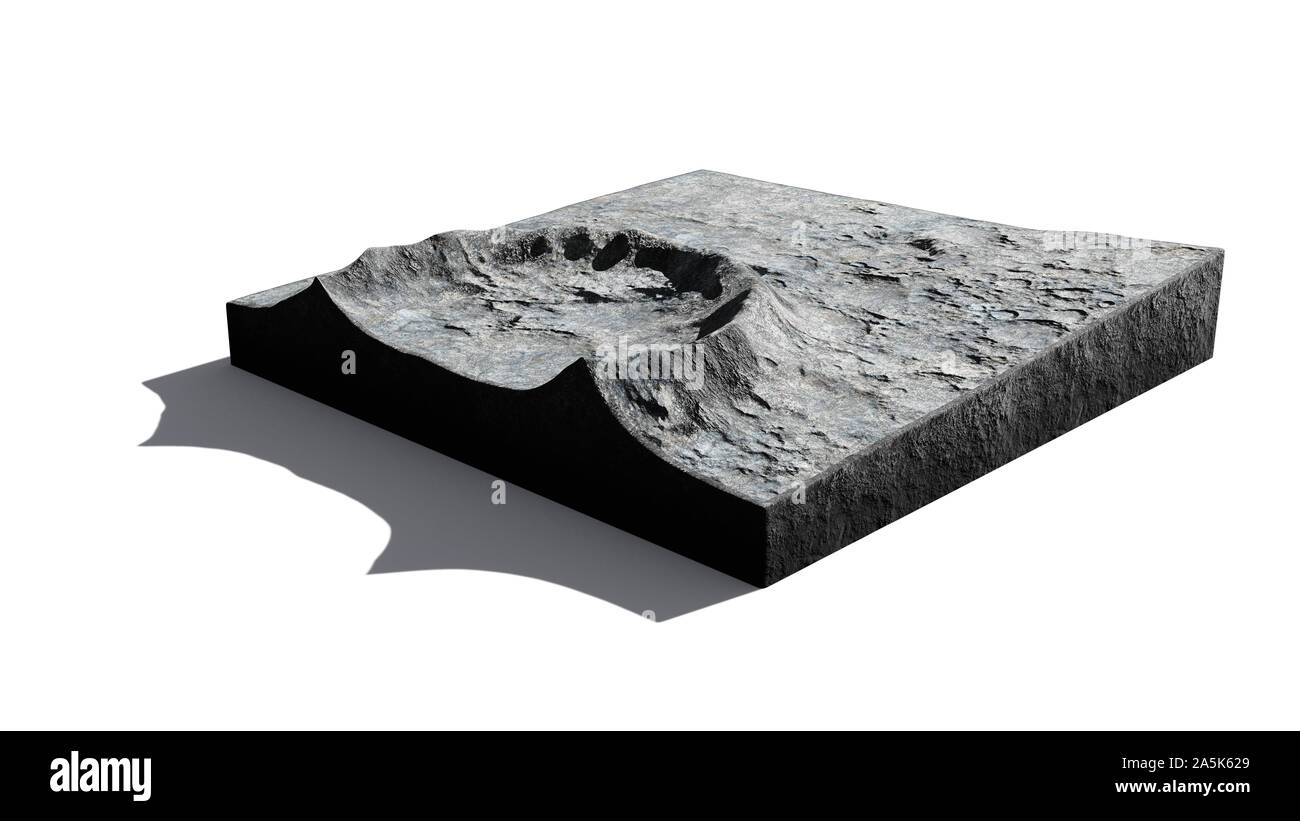 Sezione trasversale di un cratere sulla superficie della luna, modello terreno isolato con ombra su sfondo bianco Foto Stock