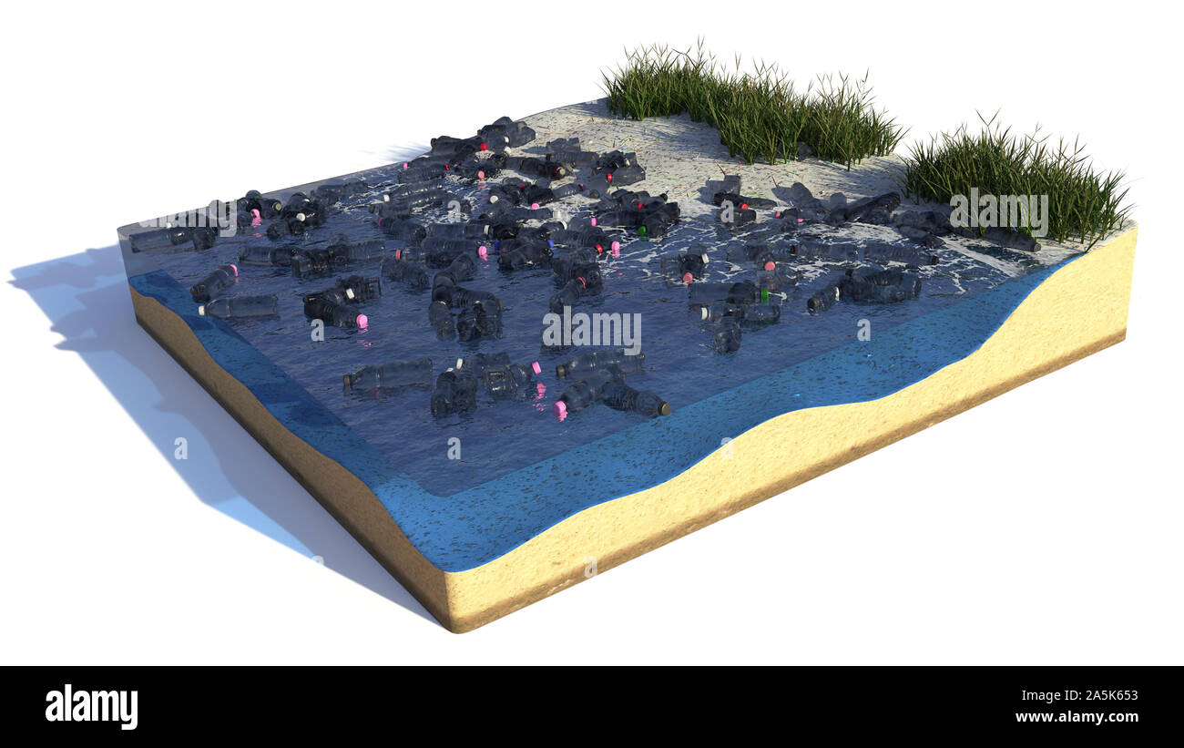 Le bottiglie di acqua oceanica, la sezione trasversale di una zona di filamenti di plastica con l'inquinamento, cubo di spiaggia isolata con ombra su sfondo bianco Foto Stock
