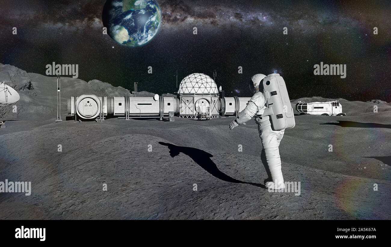 Astronauta sulla superficie della luna, paesaggio lunare con spazio habitat Foto Stock