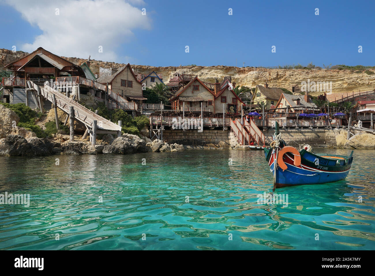 Vista del villaggio di Popeye in Malta Foto Stock