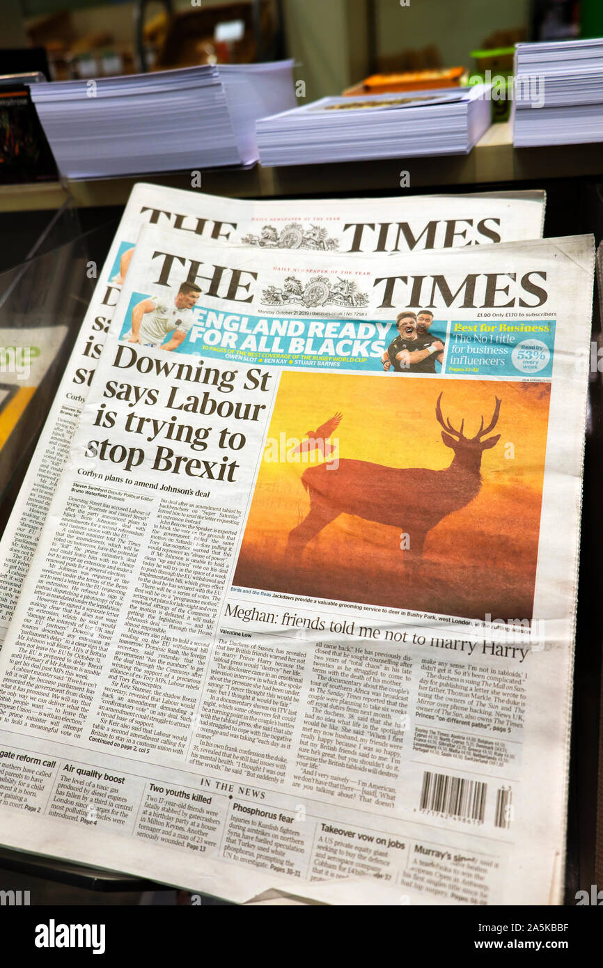 Il Times la pagina anteriore 'Dpossedere St dice che il lavoro è il tentativo di fermare Brexit' il 21 ottobre 2019 in edicola in Londra England Regno Unito Foto Stock