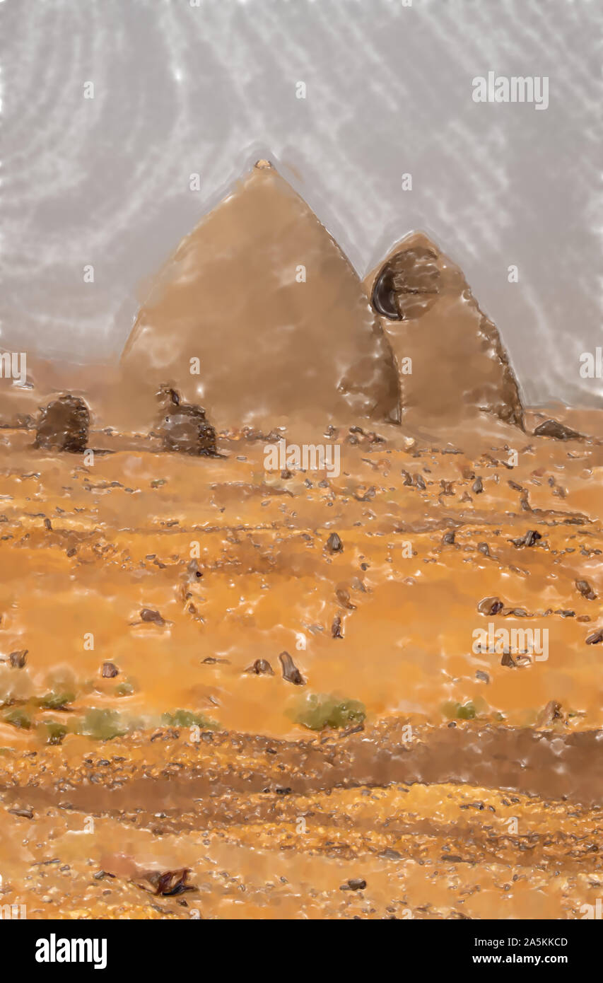 Acquerello illustrazione: Tombe del vecchio cimitero di Dongola e tombe nel nord del deserto sudanese, Sahara Foto Stock