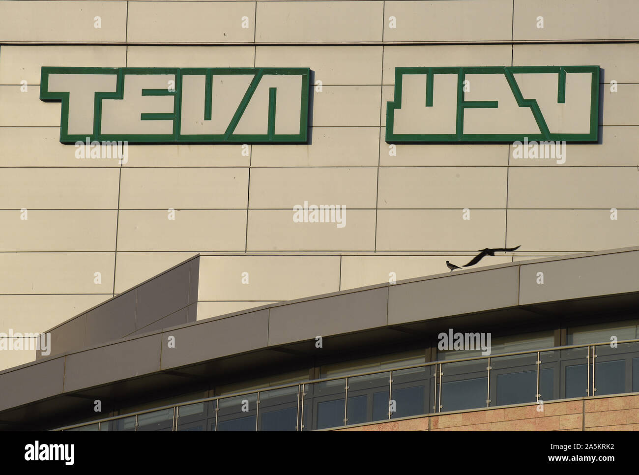 Gerusalemme, Israele. Xxi oct, 2019. La Teva Pharmaceutical logo è visto in Inglese ed Ebraico al loro tablet impianto di produzione in Gerusalemme, lunedì 21 ottobre, 2019. Il farmaco israeliano produttore Teva le quote sono crollati negli ultimi mesi su azioni legali di oppiacei e la società del debito insoluto. Ci sono stati più di 400.000 decessi legati agli oppioidi negli Stati Uniti a partire dal 2000. Foto di Debbie Hill/UPI Credito: UPI/Alamy Live News Foto Stock