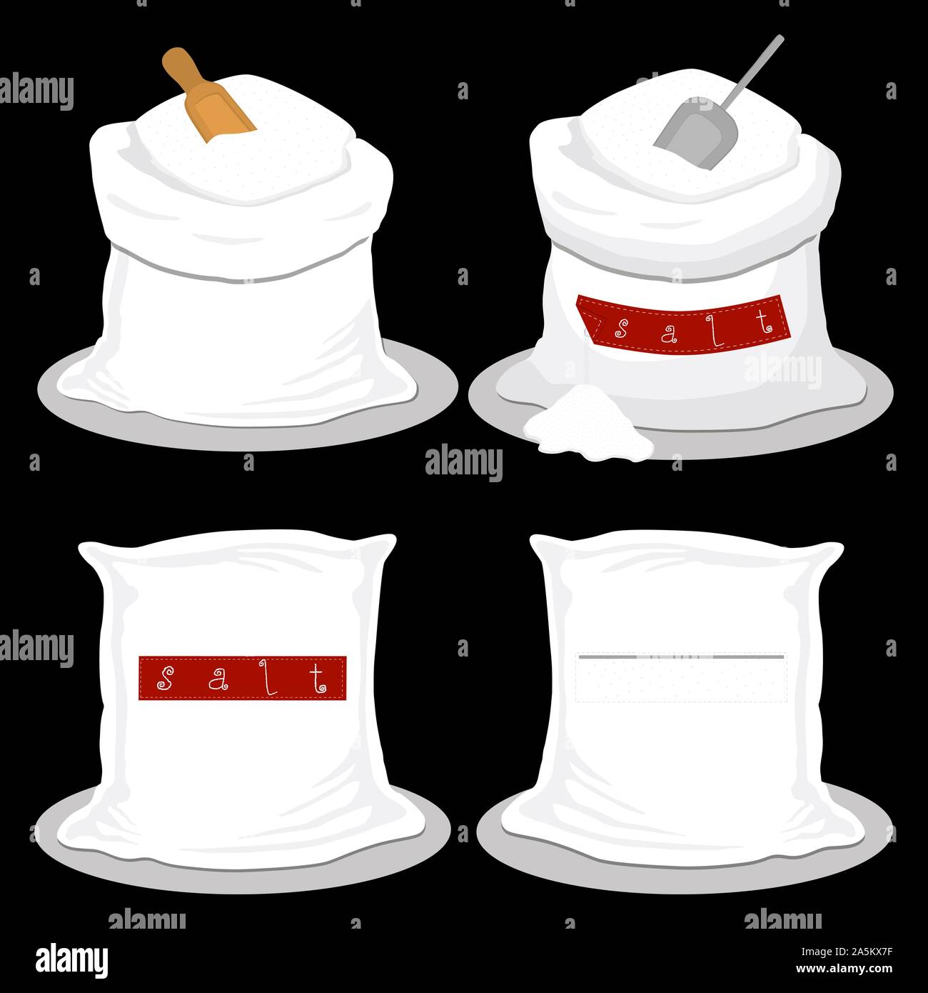 Illustrazione sul tema impostare diversi tipi di sacchi riempiti di sale in polvere, borse varie dimensioni. Sacco disegno costituito da sacche di raccolta sale in polvere per org Illustrazione Vettoriale