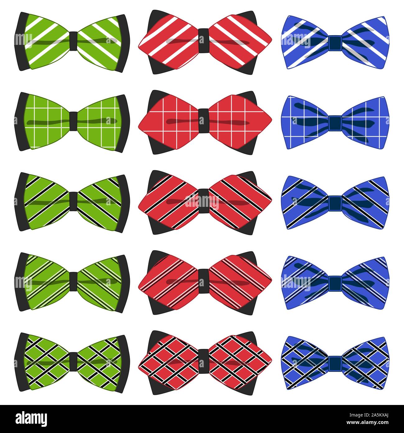 Illustrazione sul tema grande set colorato nastro diversi tipi, il filtro bow tie varie dimensioni. Modello di nastro consistente di raccolta indumenti di materie tessili bow tie f Illustrazione Vettoriale