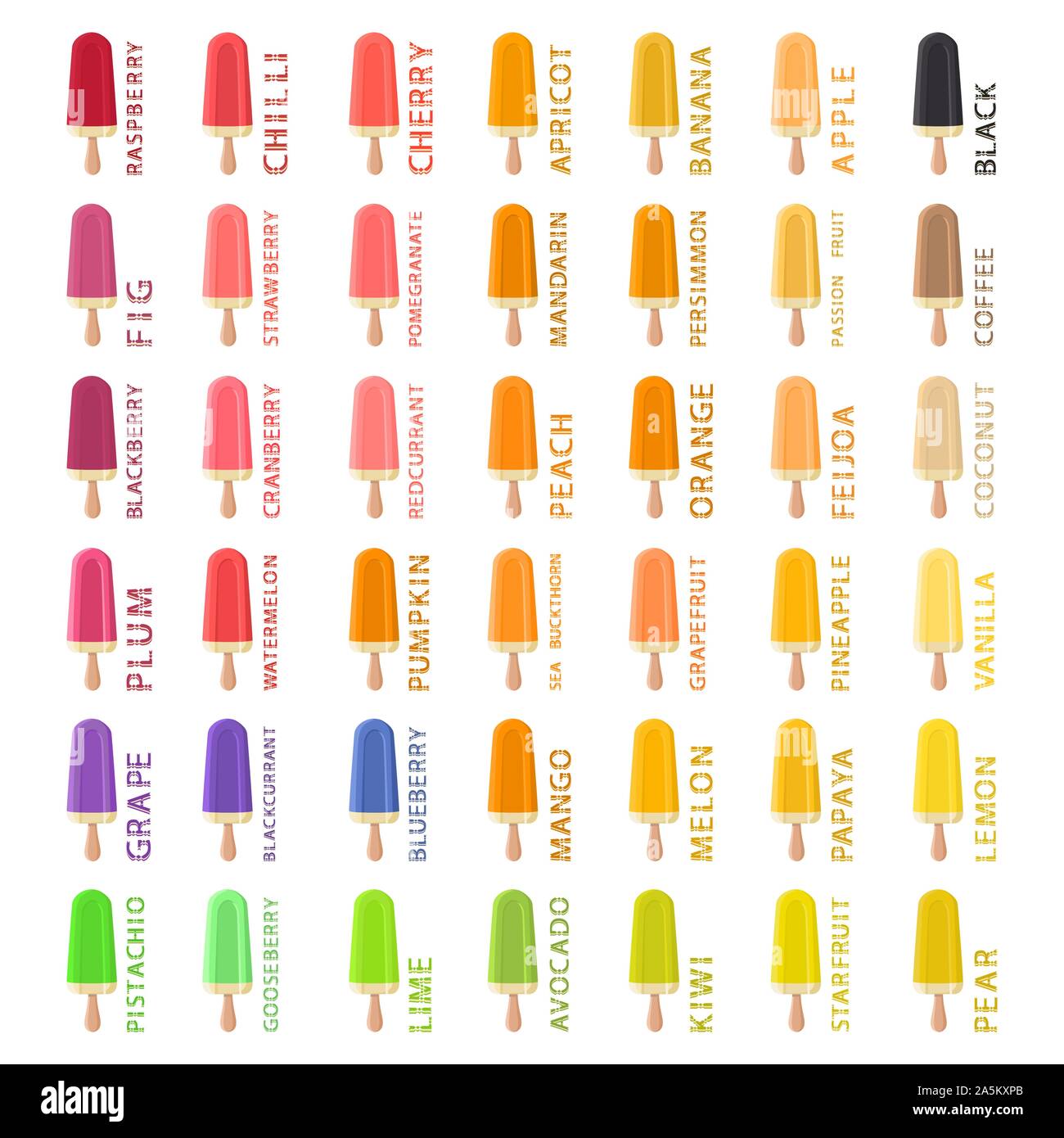 Grande set colorato di diversi tipi di ghiaccio naturale crema, struttura icecream varie dimensioni. Gelato consistente del pasto di raccolta, i gelati per il dado di organico Illustrazione Vettoriale