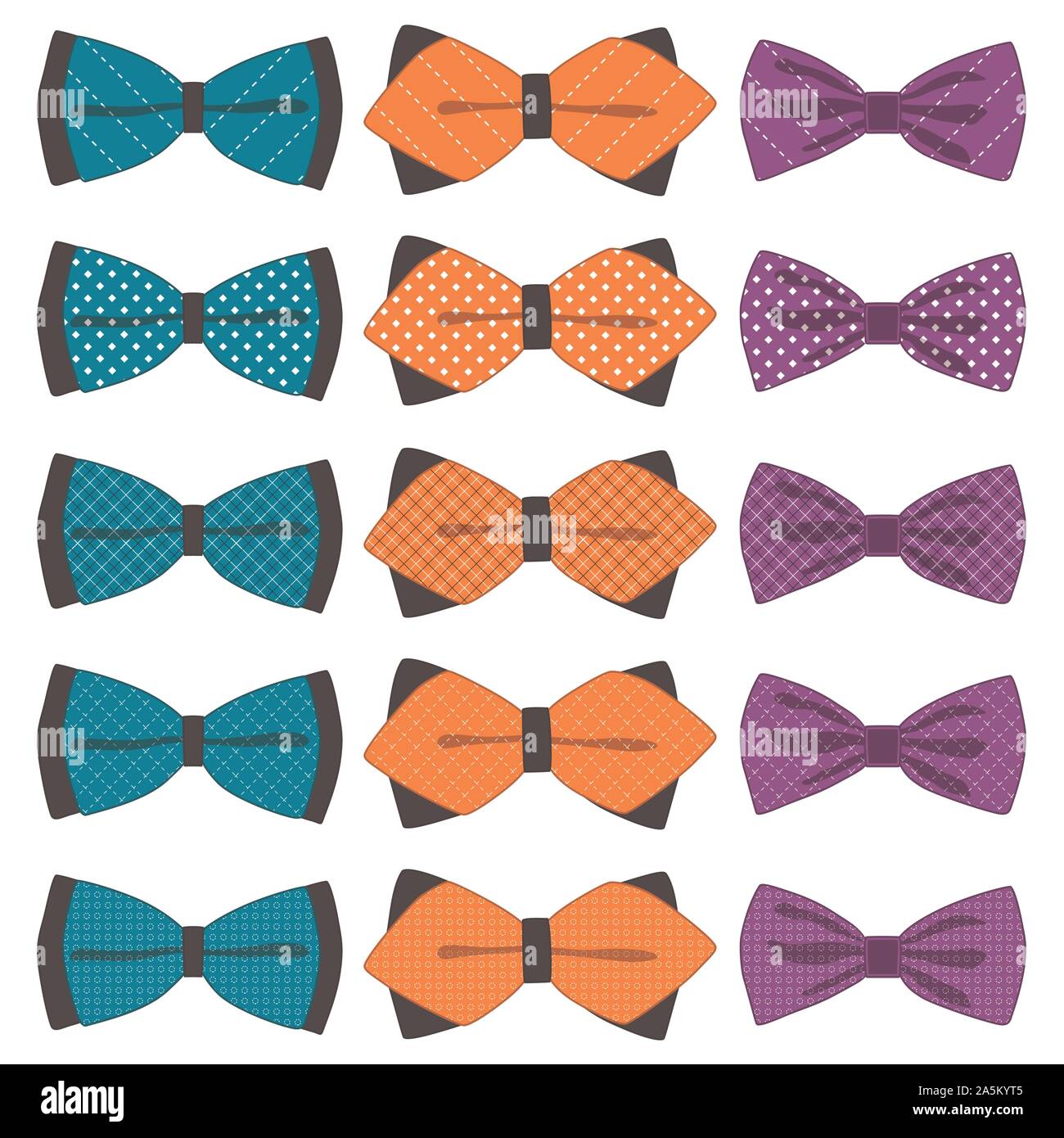 Illustrazione sul tema grande set colorato nastro diversi tipi, il filtro bow tie varie dimensioni. Modello di nastro consistente di raccolta indumenti di materie tessili bow tie f Illustrazione Vettoriale