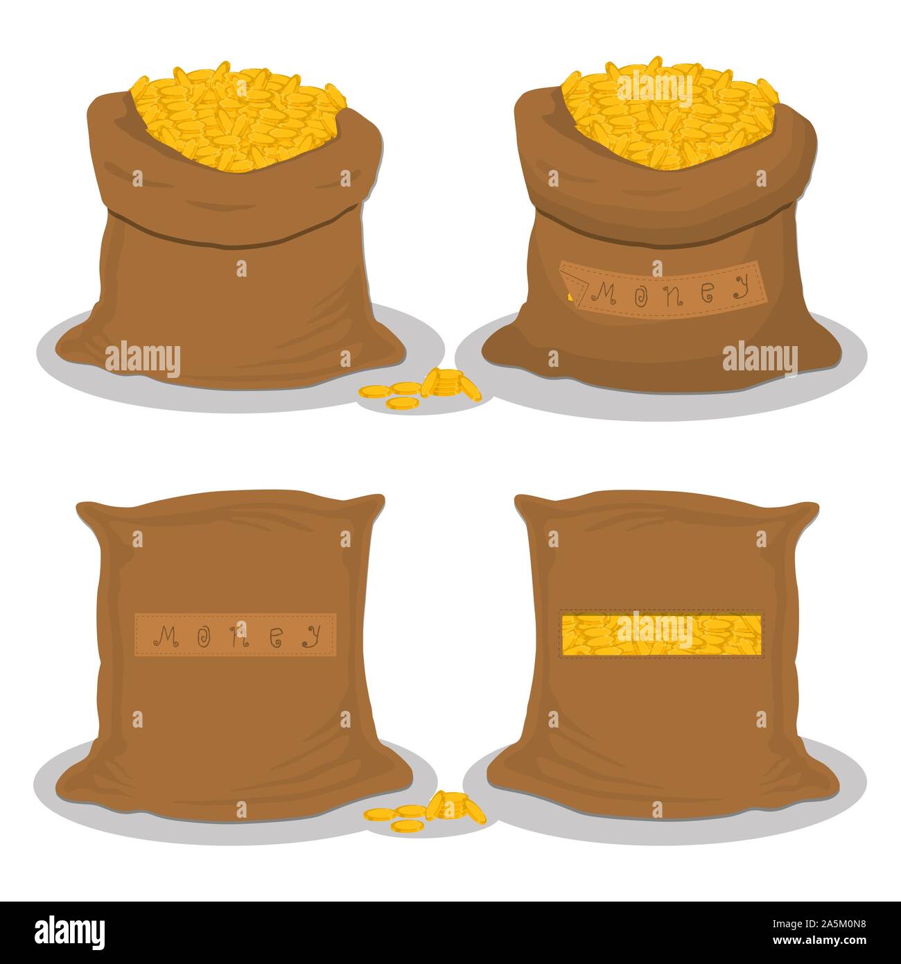 Illustrazione sul tema impostare diversi tipi di sacchi riempiti di denaro da monete, borse varie dimensioni. Sacco disegno consistente della sacca di raccolta del denaro di monete. Illustrazione Vettoriale
