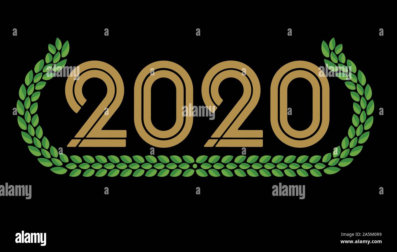 Anno 2020 in una verde corona di alloro. Isolato. Illustrazione Vettoriale. Illustrazione Vettoriale