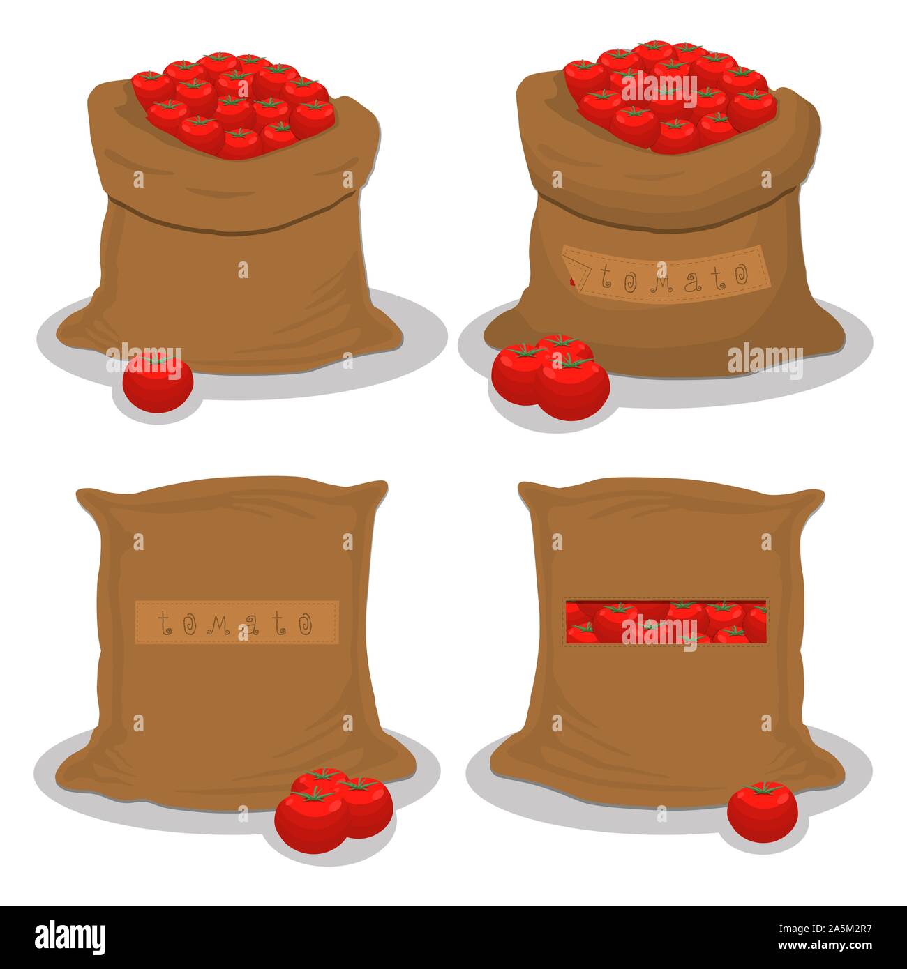 Illustrazione Vettoriale per sacchi riempiti con vegetali di pomodoro rosso, lo stoccaggio in sacchi. Modello di pomodoro costituito da alimenti maturi, prodotto grezzo sul sacco aperto. Tas Illustrazione Vettoriale