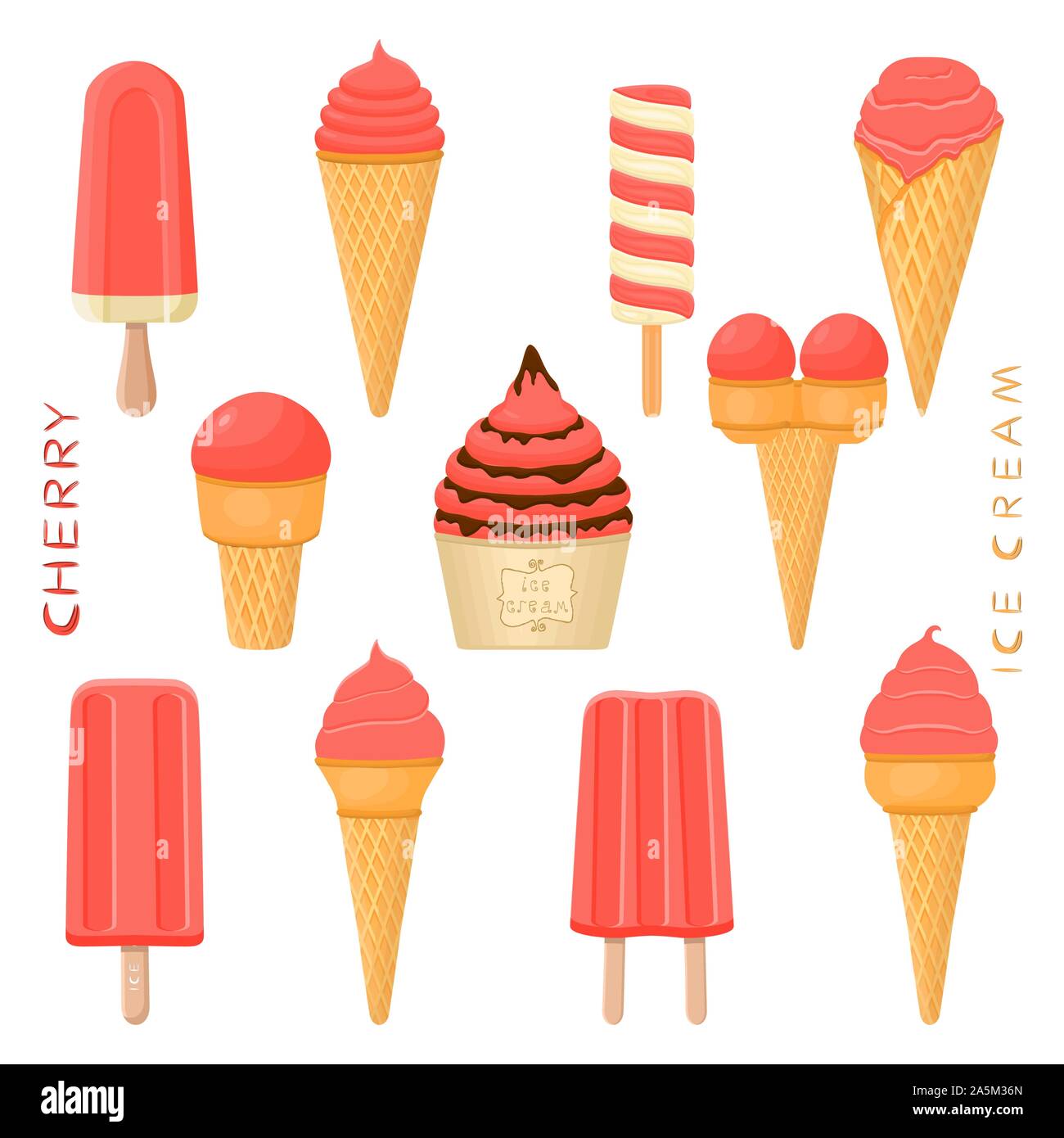 Illustrazione Vettoriale di ciliegio naturale gelati su stecco, in carta bocce, coni. Gelato consistente del dolce freddo per lecca-lecca gelato, impostare una gustosa f Illustrazione Vettoriale