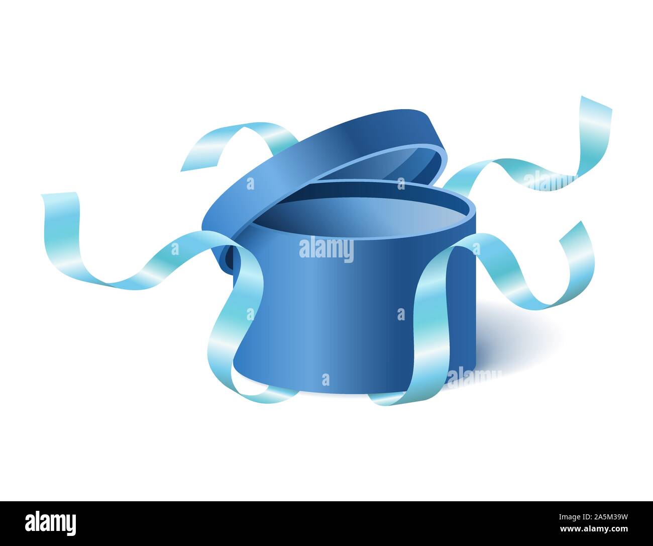 Blue aperto 3D realistici round confezione regalo con battenti fuori il coperchio e i nastri e il luogo per il vostro testo, casella realistico illustrazione vettoriale. Illustrazione Vettoriale