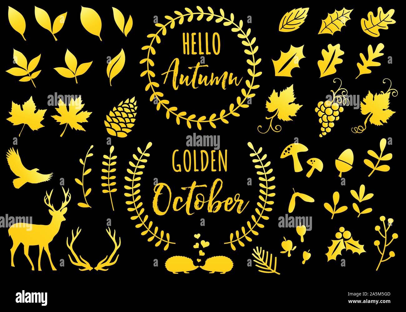 Foglie di autunno, golden ottobre, icone dorate, set di vettore di elementi di design Illustrazione Vettoriale