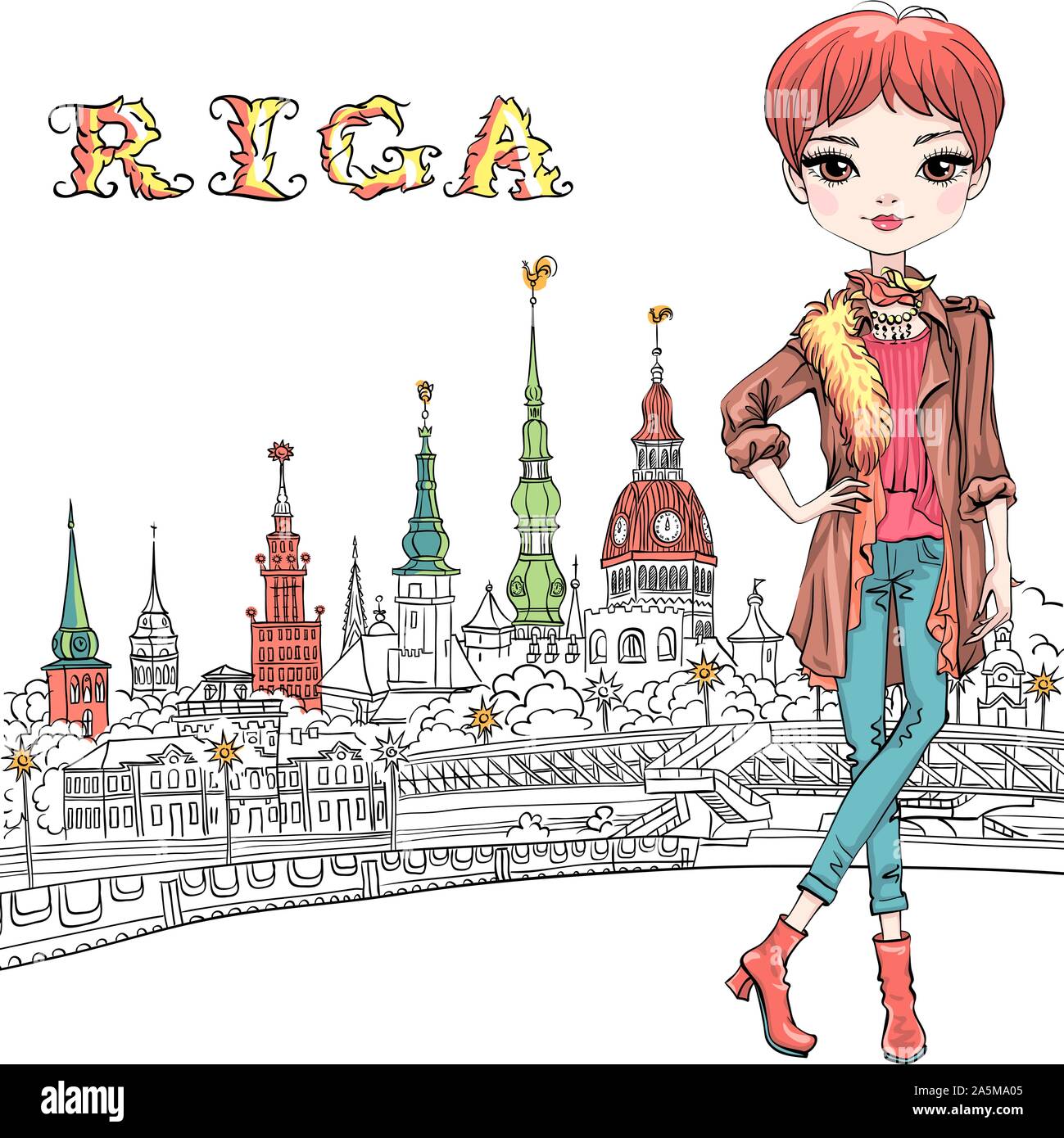 Carino redhead girl in Riga, Lettonia Illustrazione Vettoriale