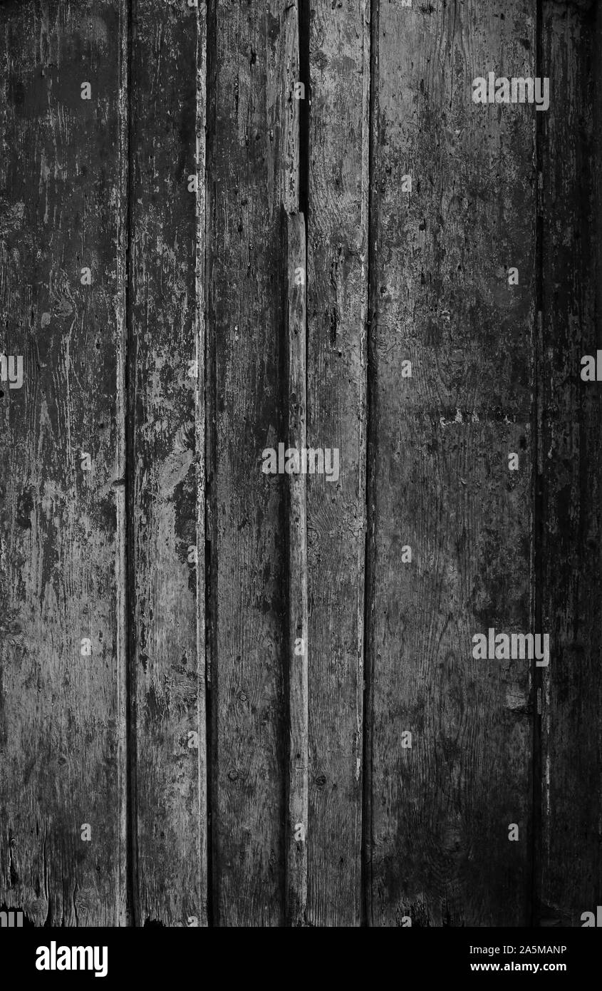 A spiovente e di età compresa tra porta di legno, pareti o pannelli di legno in bianco e nero con vernice scrostata off. Foto Stock
