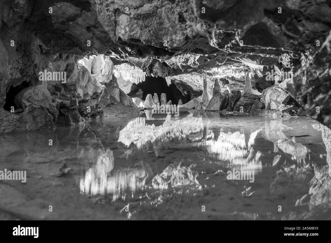 Foto in bianco e nero di Alladin della grotta di formazione di roccia in Gough's cave a Cheddar. Foto Stock