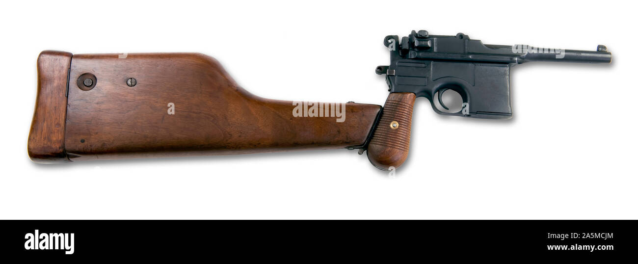 Antiquariato broomhandle tedesco pistola realizzata intorno al 1926 con spalla legno stock . Foto Stock