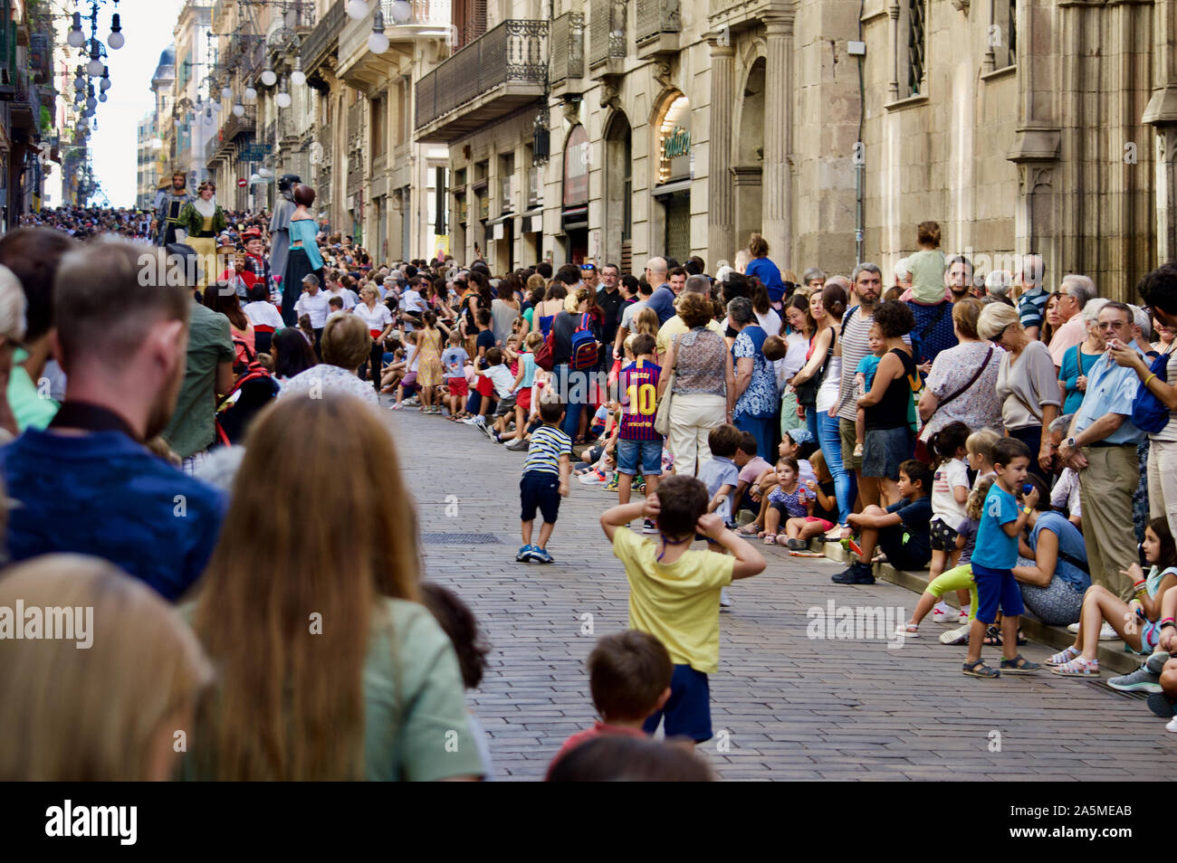 La Parata dei giganti durante la Merce Festival 2019 a Placa de Sant Jaume a Barcellona, Spagna Foto Stock