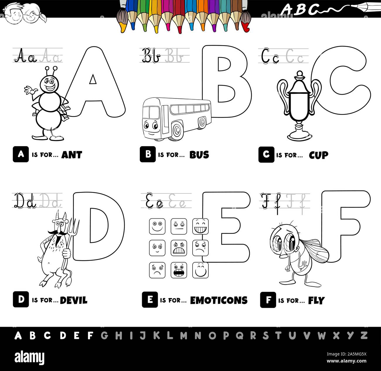 Bianco e Nero Cartoon illustrazione di lettere maiuscole alfabeto set educativi per la lettura e la scrittura di pratica per i bambini da A a F i libri a colori Illustrazione Vettoriale