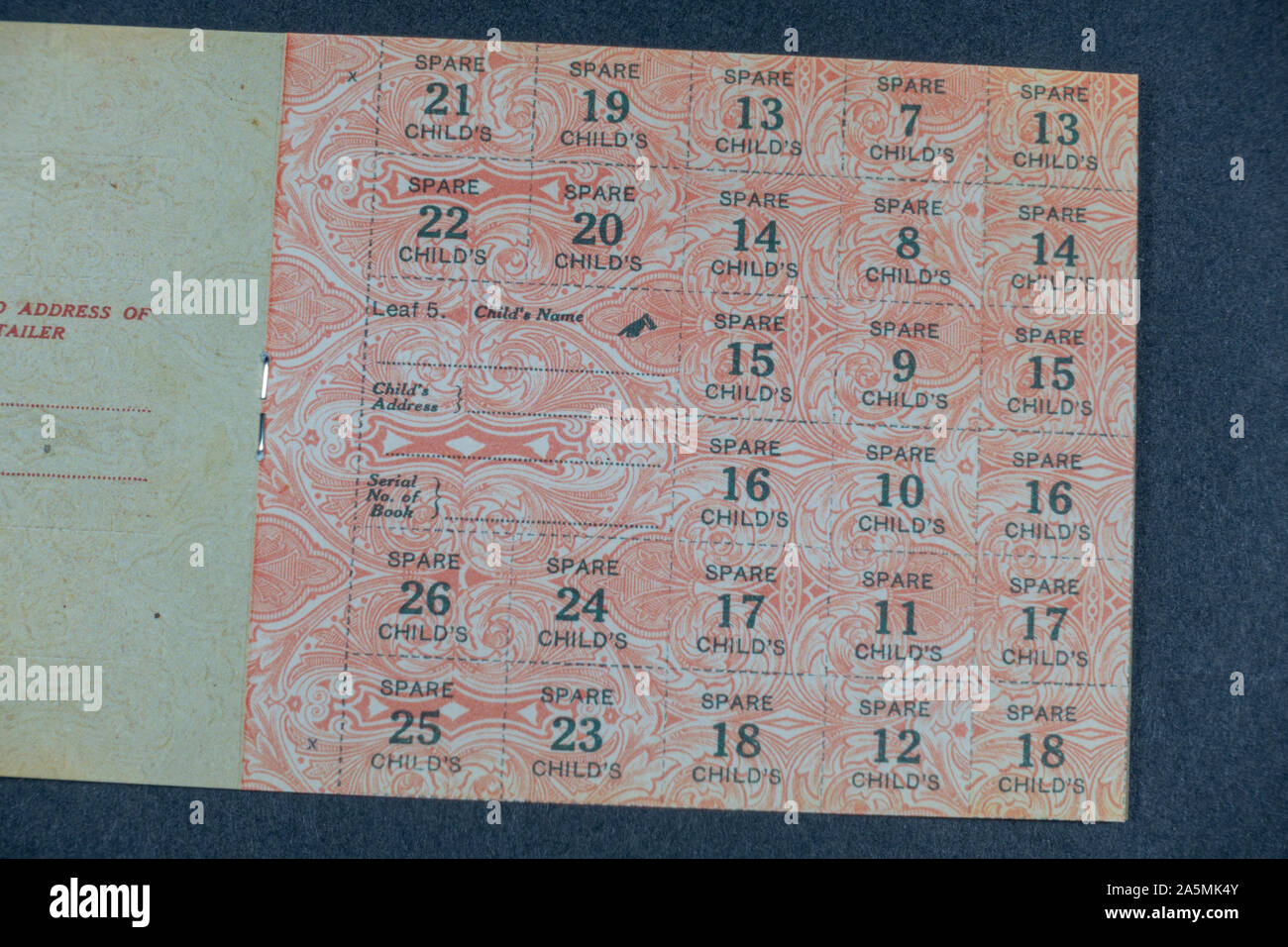 Vista dentro un bambino razione libro rilasciato dal ministero dei prodotti alimentari nel 1919, un pezzo di memorabilia replica dalla prima guerra mondiale era. Foto Stock