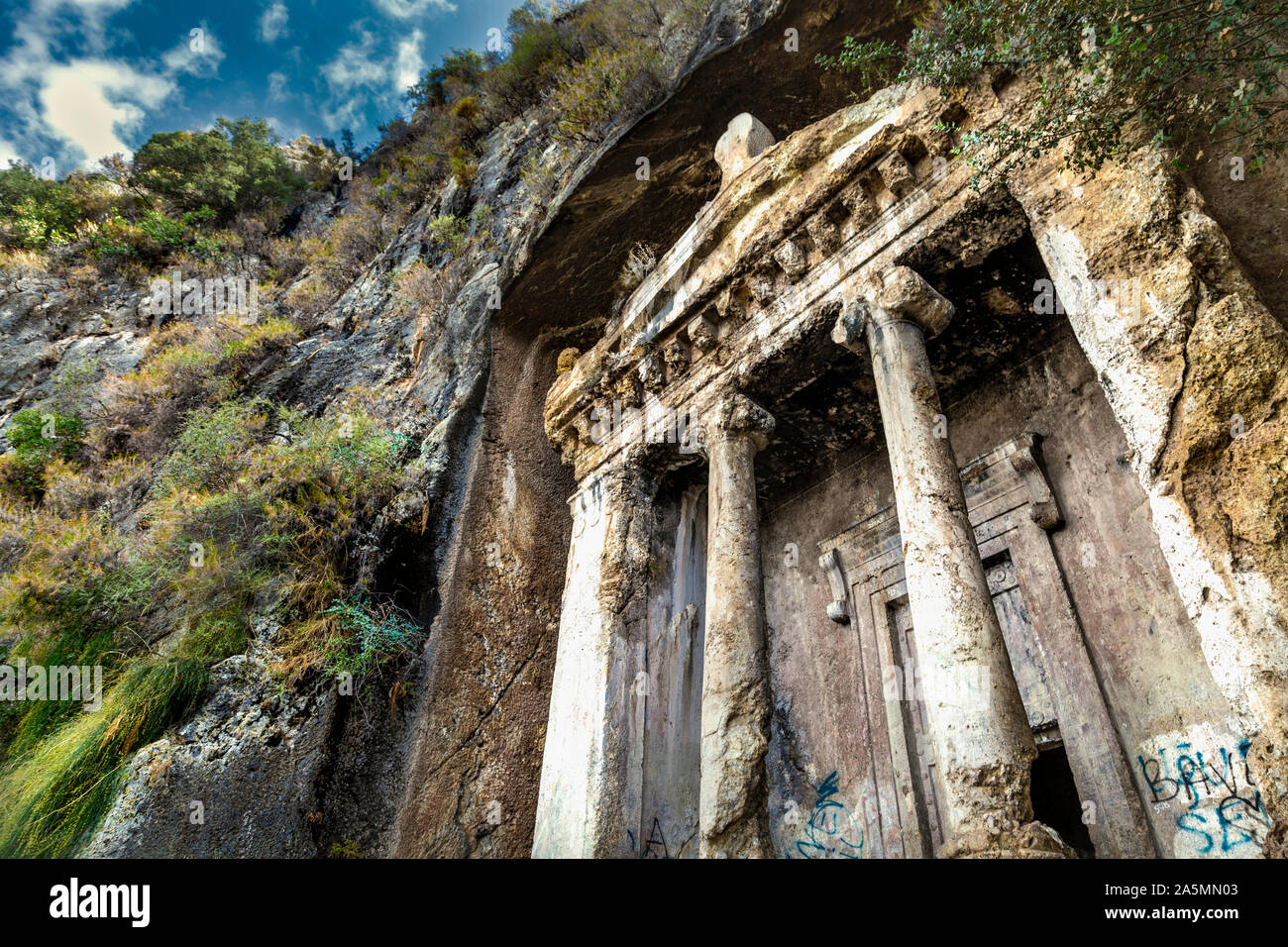 Amyntas Lycian Rock tomba in Fethiye, Riviera Turca, Turchia Foto Stock