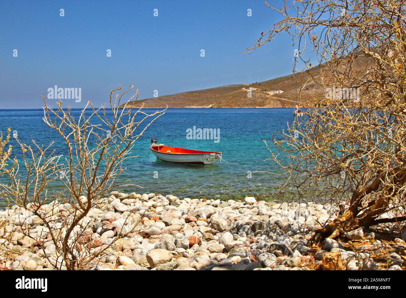 TILOS isola, Dodecaneso, Grecia. Tilos è una piccola isola remoti, di alcune centinaia di abitanti, un posto tranquillo con belle rive per i momenti di relax Foto Stock