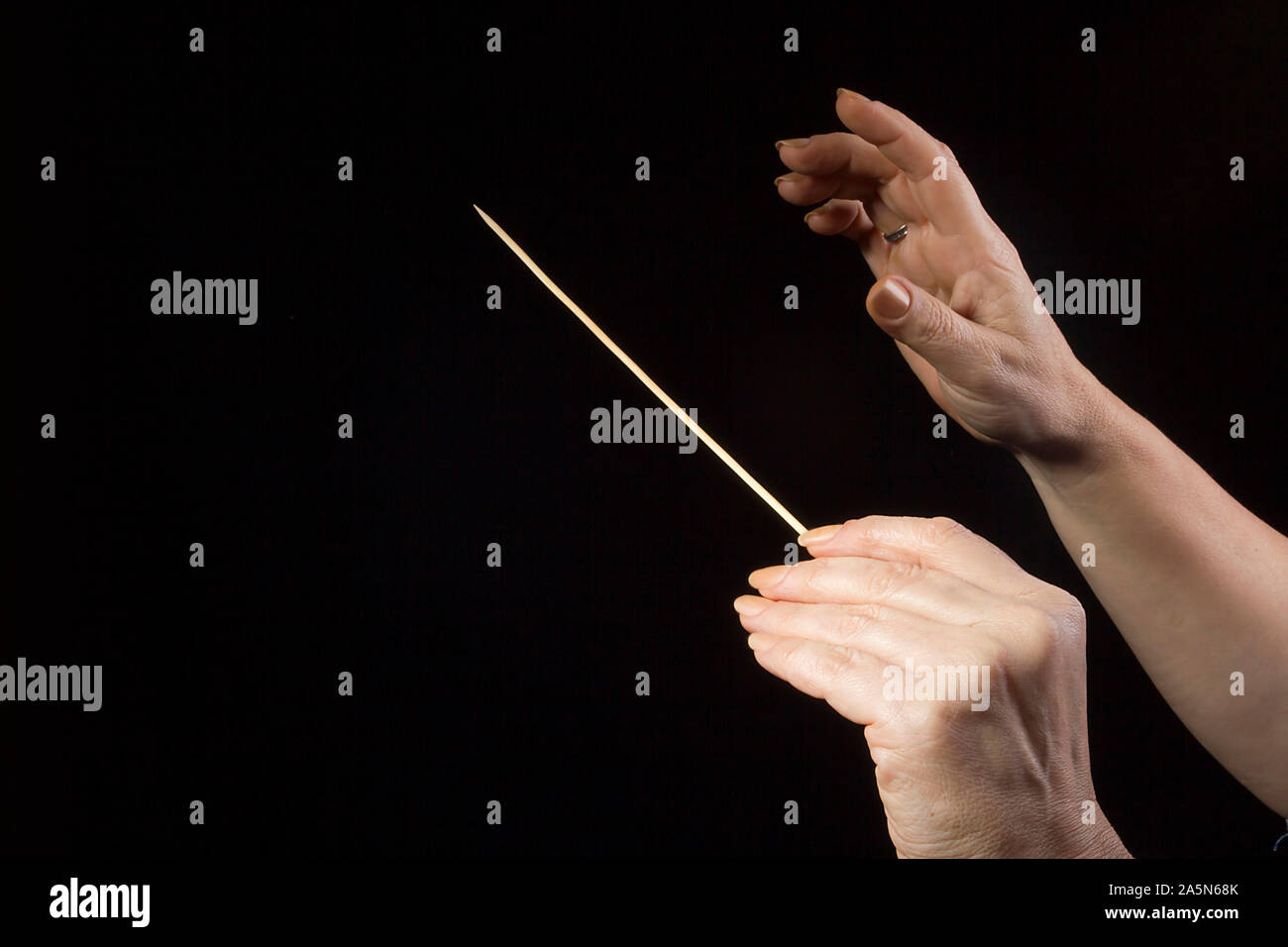 Mani femminili di un direttore di orchestra su sfondo nero Foto Stock