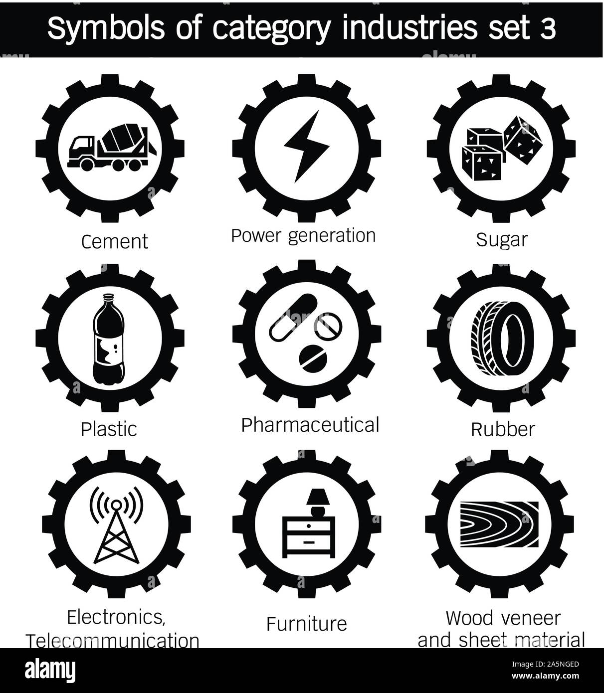 Categoria simboli dell'industria del cemento, zucchero, plastica, la generazione di potenza, gomma, mobili, Electronics andTelecommunication, farmaceutica, legno venee Illustrazione Vettoriale