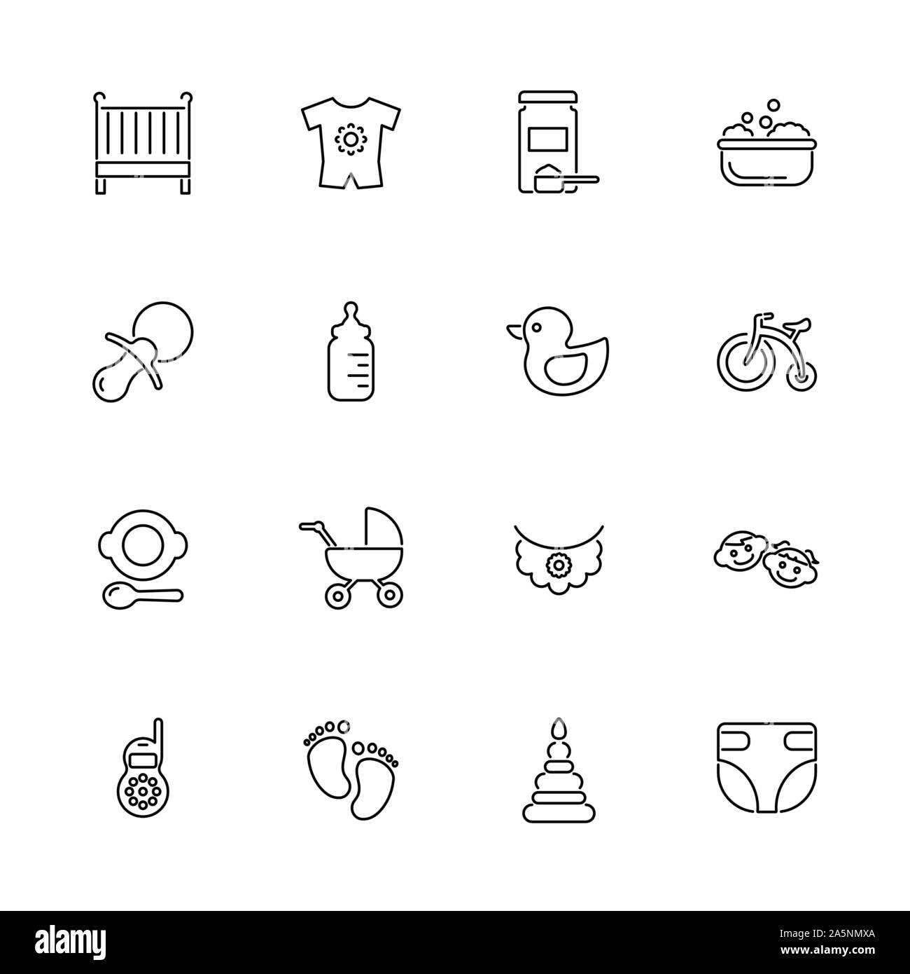 Baby, bambini outline set di icone - simbolo nero su sfondo bianco. Baby, bambini illustrazione semplice simbolo - rivestiti di semplicità di segno. Piatto th del vettore Illustrazione Vettoriale