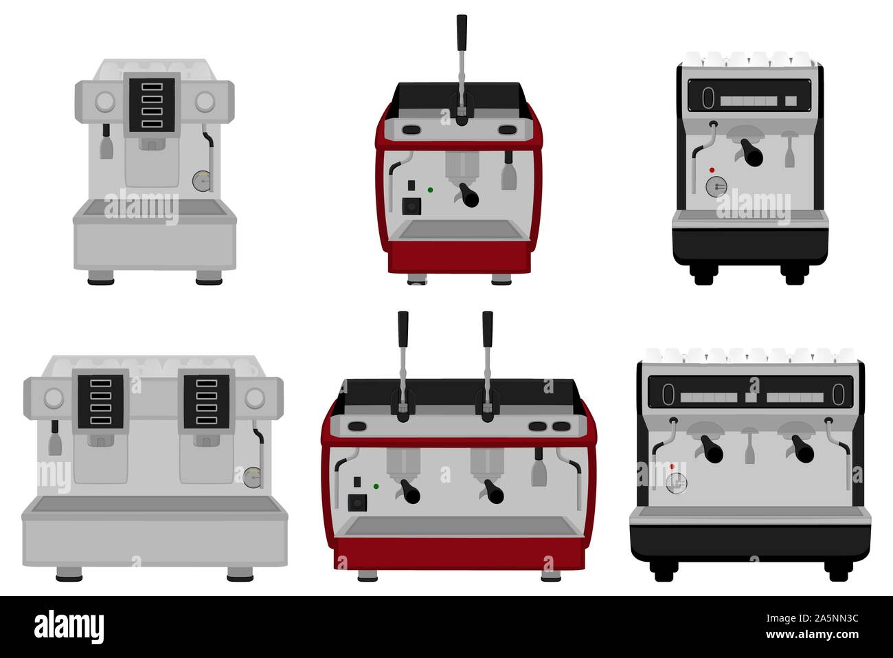 Illustrazione sul tema grande set di colori diversi tipi macchina da caffè, dimensione diversa makers. Macchina per caffè disegno costituito da accessorio di raccolta Illustrazione Vettoriale