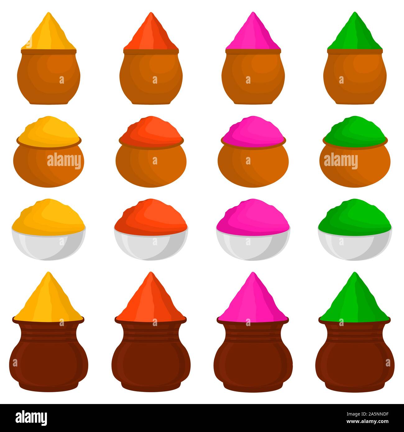 Illustrazione tema colorato grande impostare diversi tipi di tazze colorate, polvere per Holi. Ciotola disegno costituito da accessorio di raccolta polvere holi fes Illustrazione Vettoriale