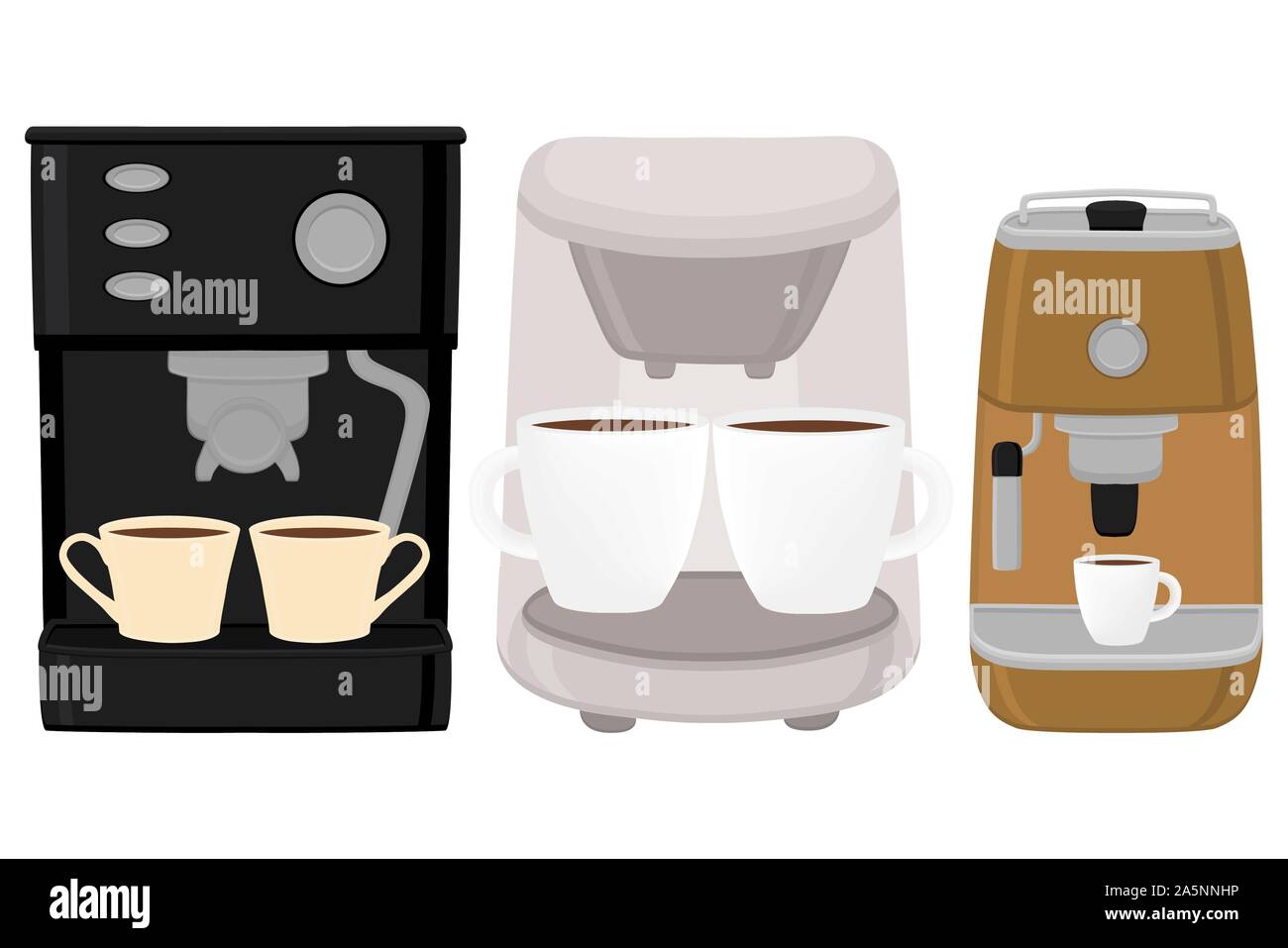 Illustrazione sul tema grande set di colori diversi tipi macchina da caffè, dimensione diversa makers. Macchina per caffè disegno costituito da accessorio di raccolta Illustrazione Vettoriale