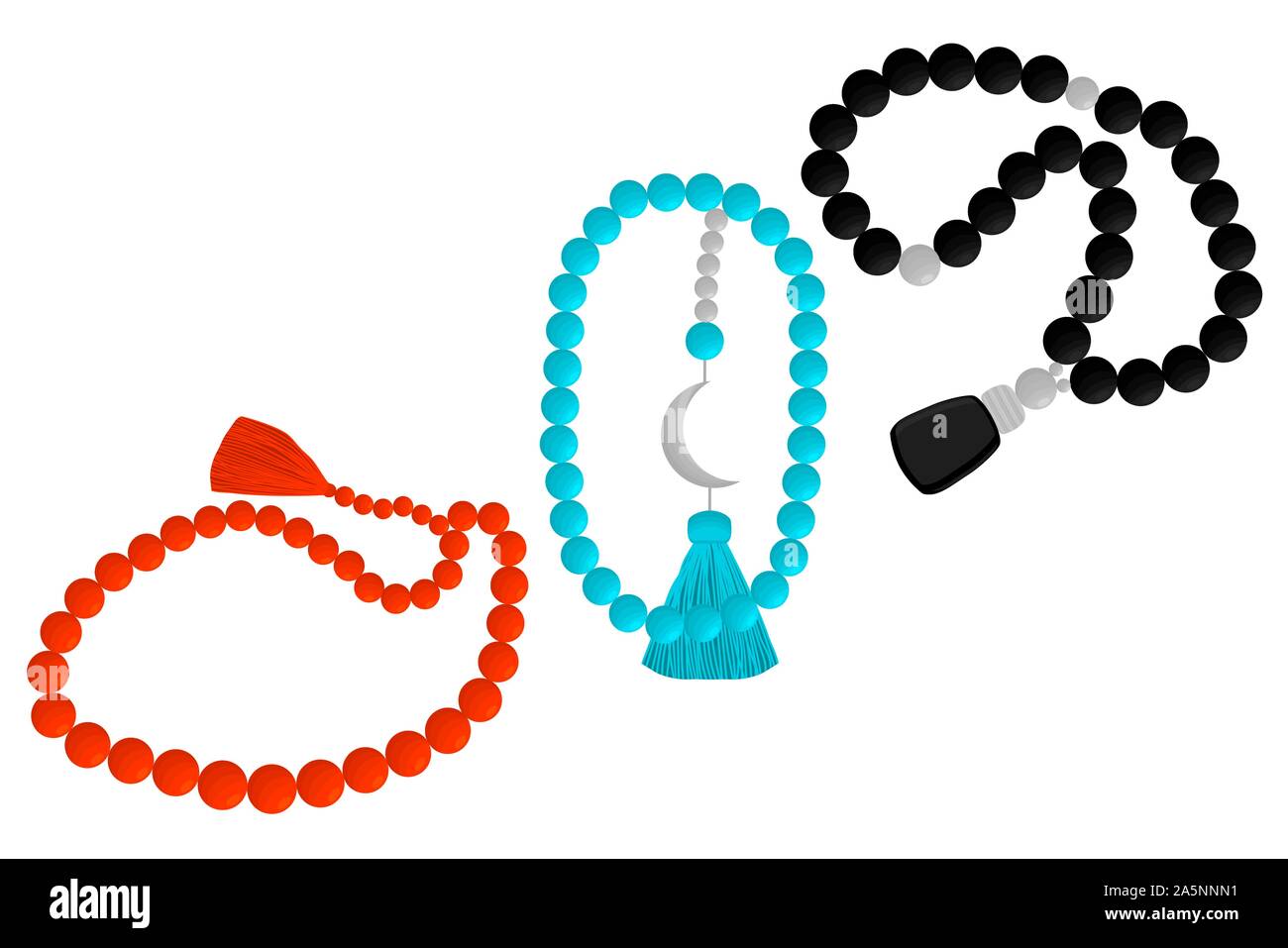 Illustrazione sul tema grande set di colori diversi tipi di perle per il rosario con fiocco. Cordone disegno costituito da accessorio di raccolta splendida rosar Illustrazione Vettoriale