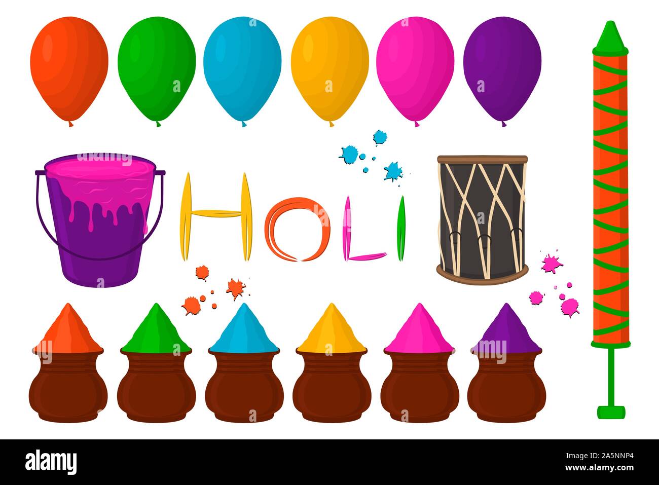 Illustrazione sul tema grande impostare diversi tipi di palloncini colorati, polvere per Holi. Modello a palloncino consistente di accessorio di raccolta polvere holi fe Illustrazione Vettoriale