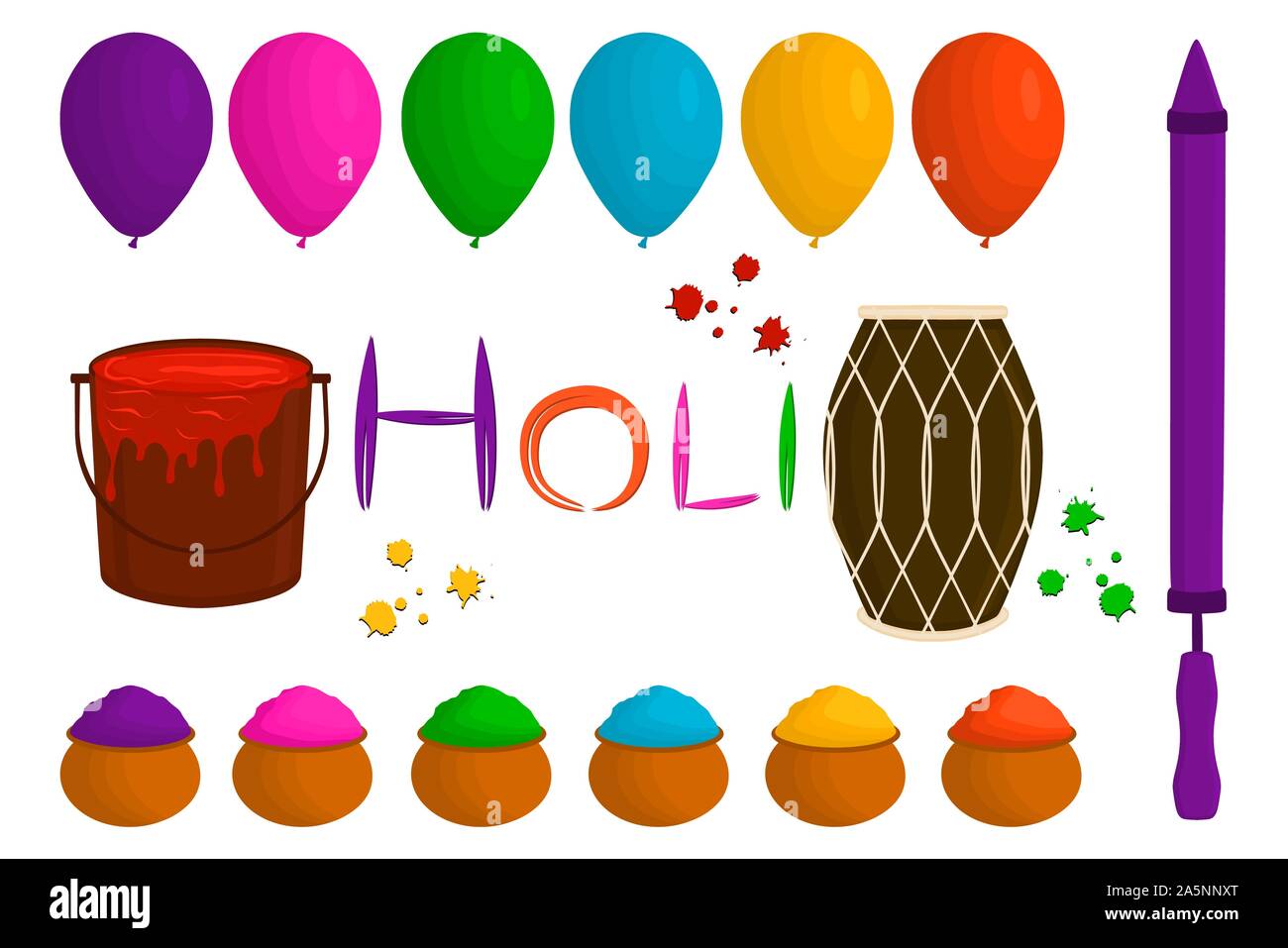 Illustrazione sul tema grande impostare diversi tipi di palloncini colorati, polvere per Holi. Modello a palloncino consistente di accessorio di raccolta polvere holi fe Illustrazione Vettoriale