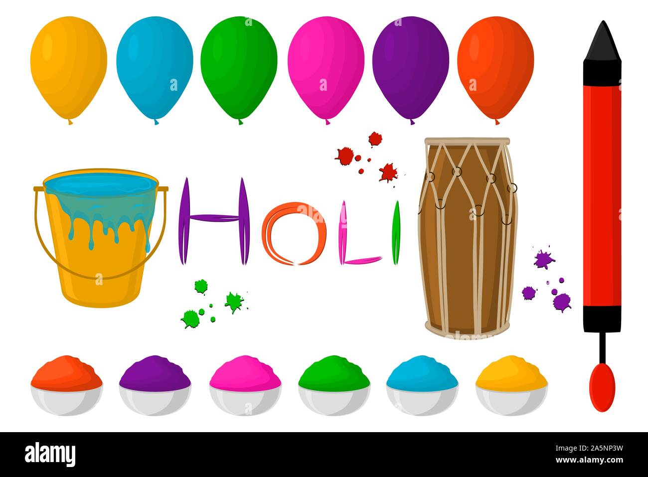 Illustrazione sul tema grande impostare diversi tipi di palloncini colorati, polvere per Holi. Modello a palloncino consistente di accessorio di raccolta polvere holi fe Illustrazione Vettoriale