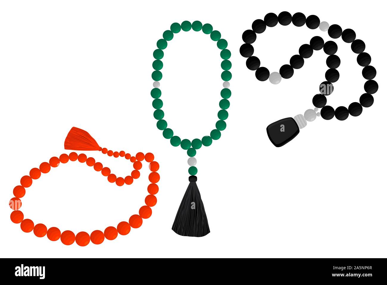 Illustrazione sul tema grande set di colori diversi tipi di perle per il rosario con fiocco. Cordone disegno costituito da accessorio di raccolta splendida rosar Illustrazione Vettoriale