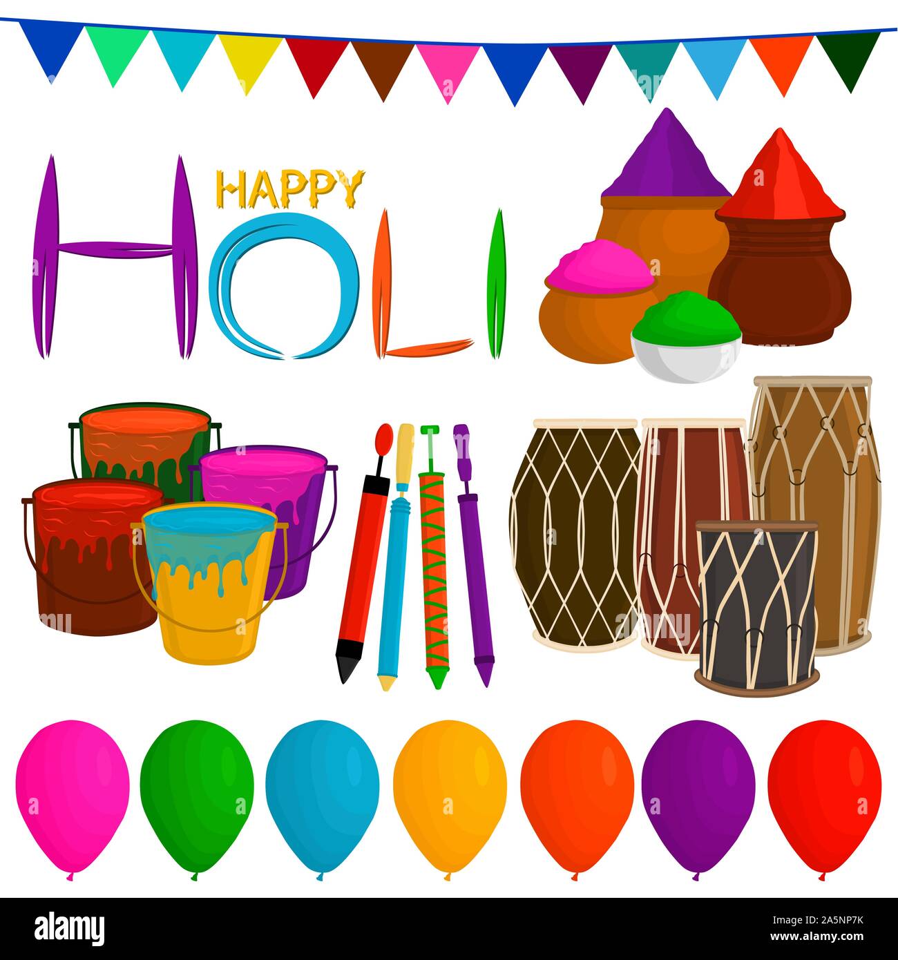 Illustrazione sul tema grande impostare diversi tipi di palloncini colorati, polvere per Holi. Modello a palloncino consistente di accessorio di raccolta polvere holi fe Illustrazione Vettoriale