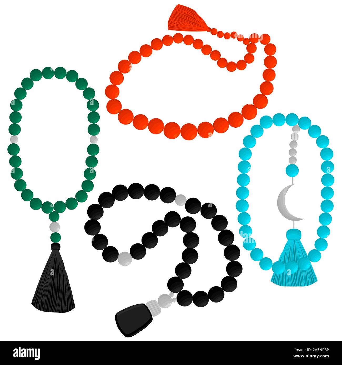 Illustrazione sul tema grande set di colori diversi tipi di perle per il rosario con fiocco. Cordone disegno costituito da accessorio di raccolta splendida rosar Illustrazione Vettoriale